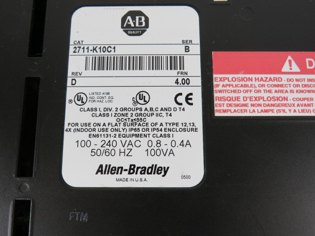 Allen-Bradley 2711-K10C1 PanelView 1000 100-240VAC 0.8-0.4A 50/60Hz USED