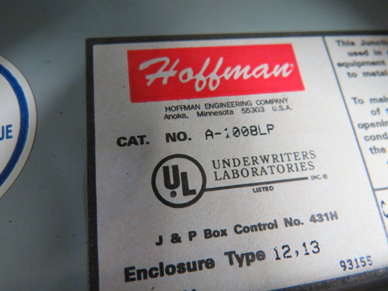 Hoffman A-1008LP Latching Enclosure *Missing 1 Latch* 10/8x4" USED