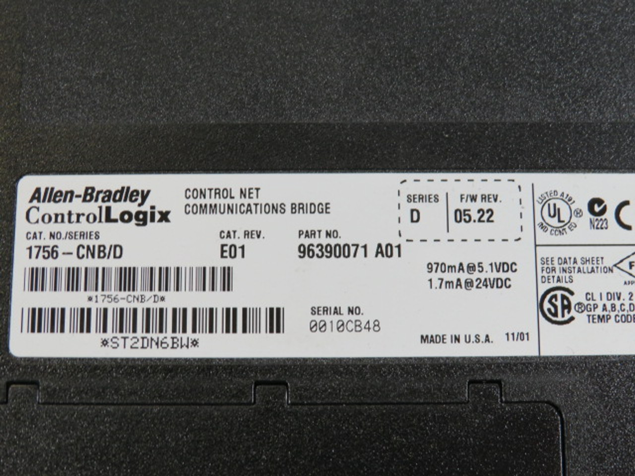 Allen-Bradley 1756-CNB/D Control Logix Interface Module Cat Rev E01 USED