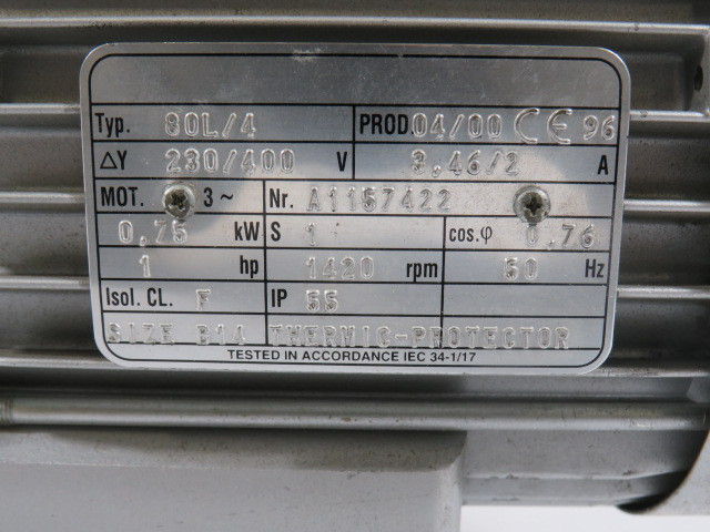 Nord 80L/4 0.75kW 1420rpm 230/400V TEFC 3Ph 3.46/2A 50Hz C/W Reducer USED