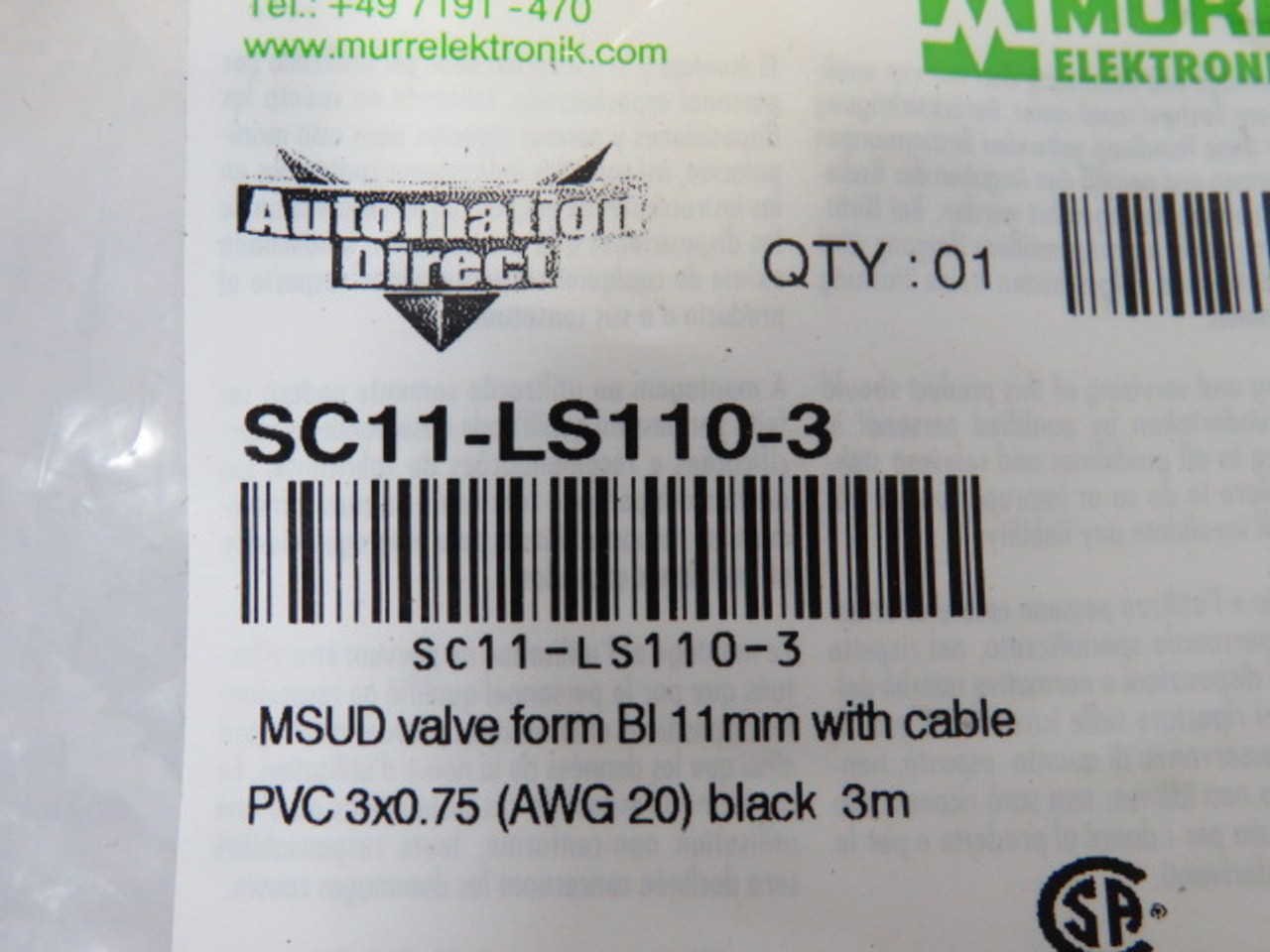 Murrelektronik SC11-LS110-3 Solenoid Valve Cable 110VAC/DC 1A 3M NWB