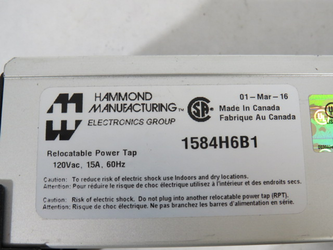 Hammond 1584H6B1 Heavy Duty Power Strip 6 Outlets 15A 120V 60Hz USED