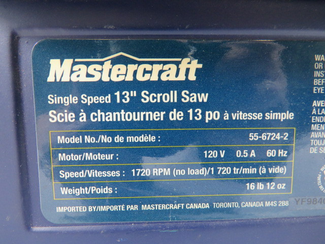 MasterCraft 55-6724-2 Single Speed 13" Scroll Saw 120V .5A 60Hz USED