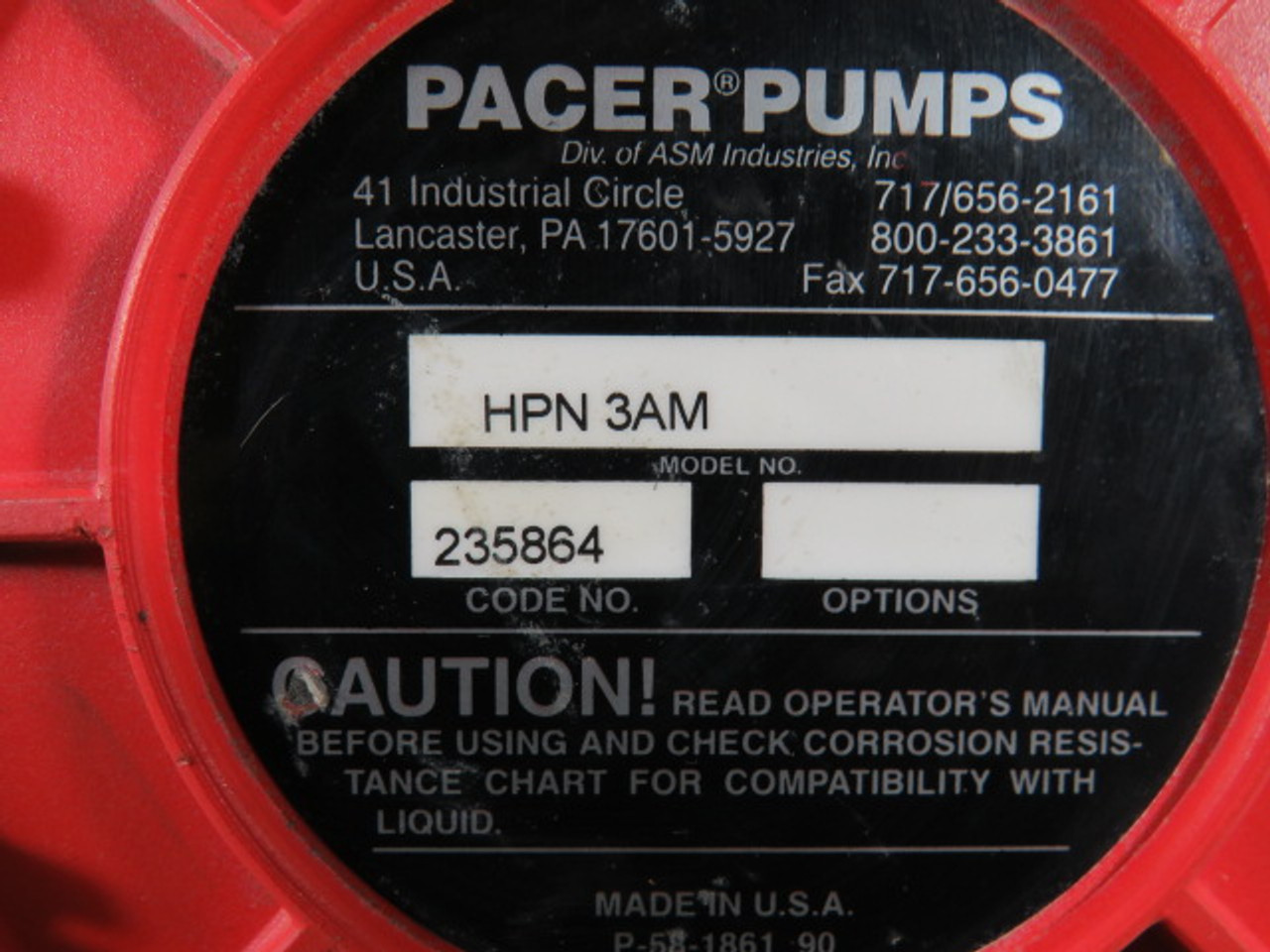 Pacer HPN-3AM Drum Pump Inlet 1" Outlet 1" Thermoplastic Body USED
