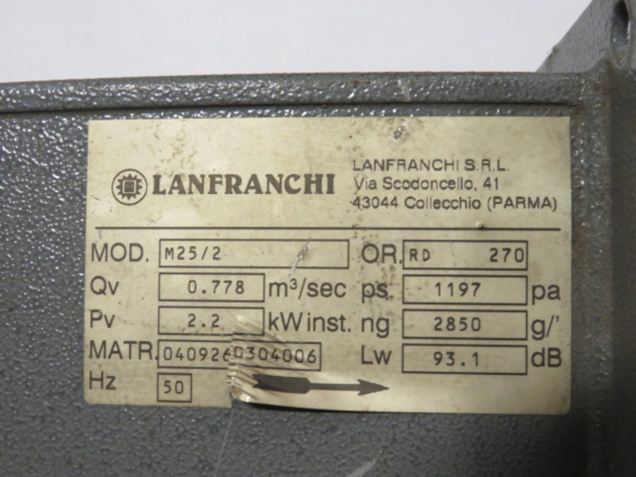 Lanfranchi M25/2 Blower Motor Assembly C/W Melco Motor 2.6kW USED