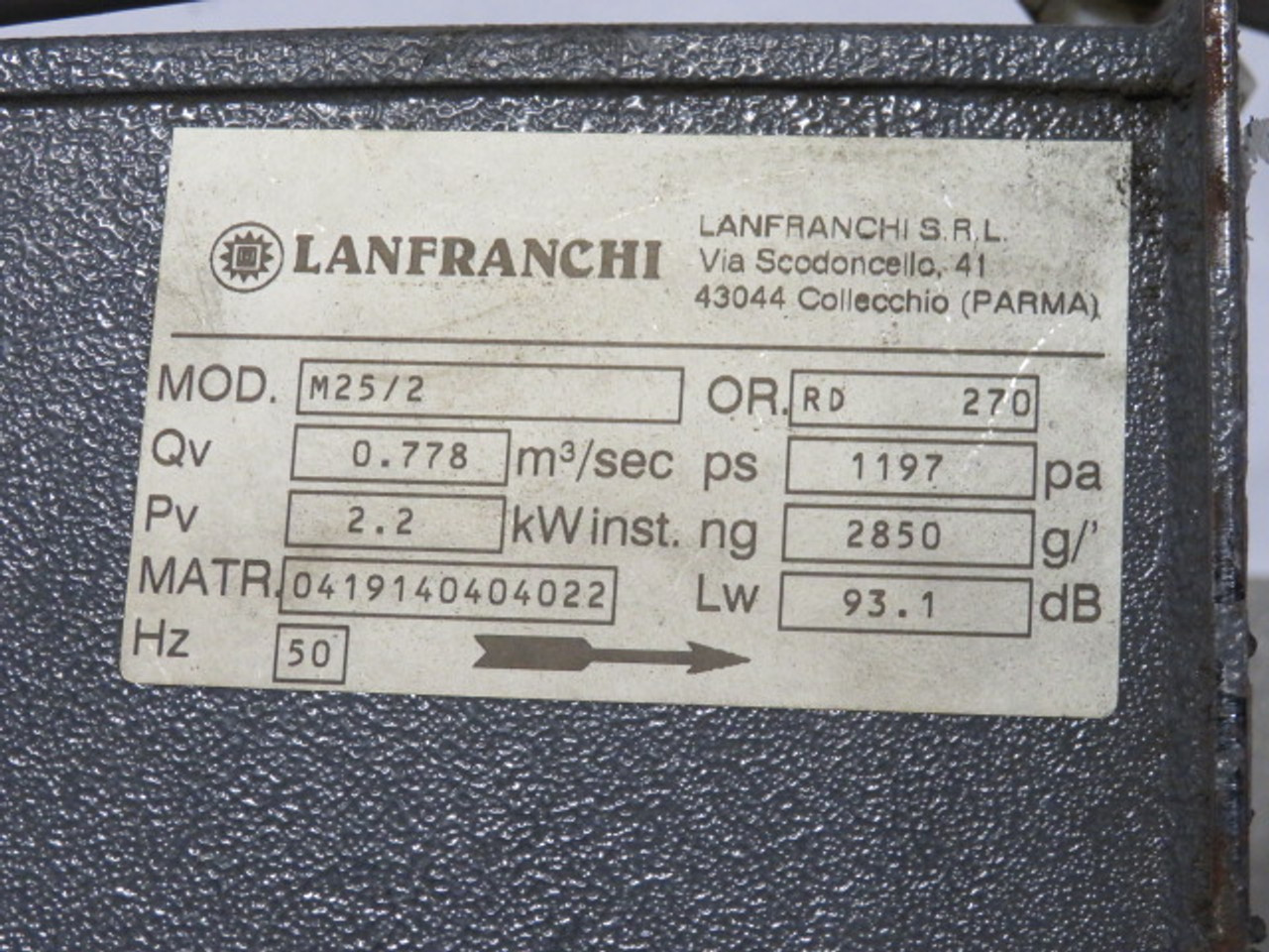 Lanfranchi M25/2 Blower Motor Assembly C/W Melco Motor 3HP USED