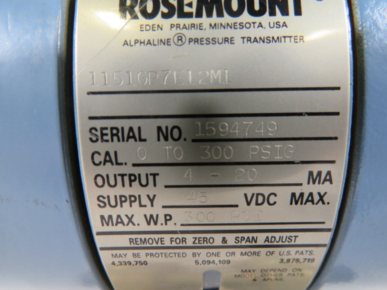Rosemount 115GP7E12M1 Smart Pressure Transmitter 0-300PSI 4-20mA 45VDC USED