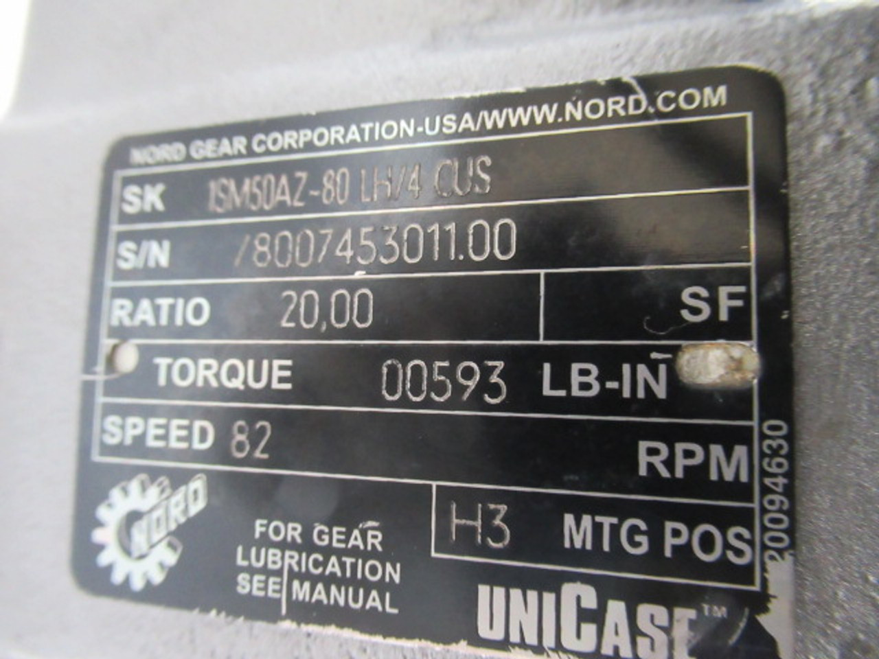 Nord 1HP 1750RPM 230/460V 80L TEFC 3Ph C/W Gear Reducer 20:1 Ratio USED