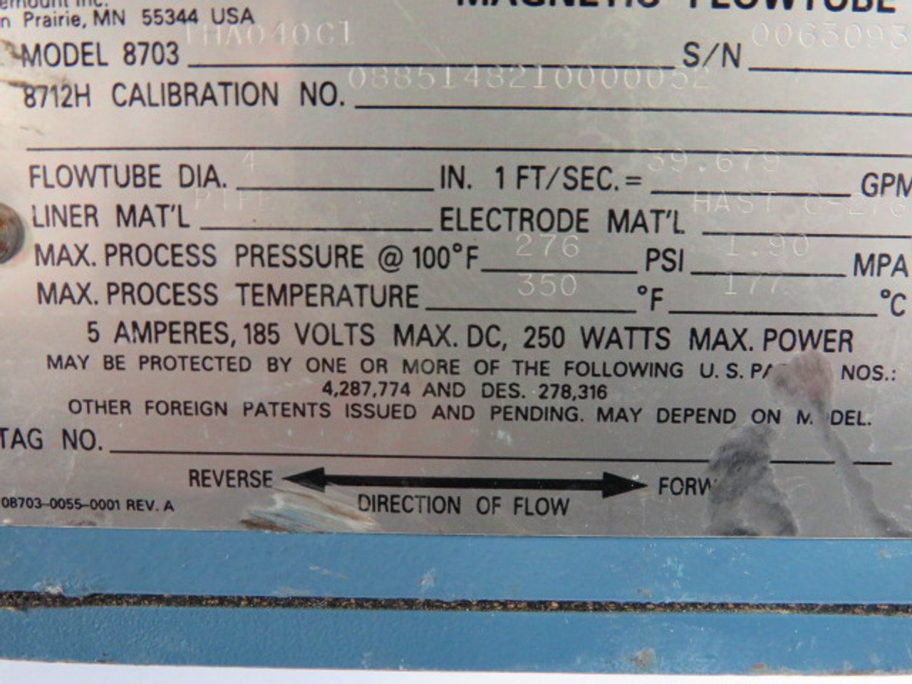 Rosemount 8703-THA040C1 High Signal Magnetic FlowTube Size 4" 276PSI USED