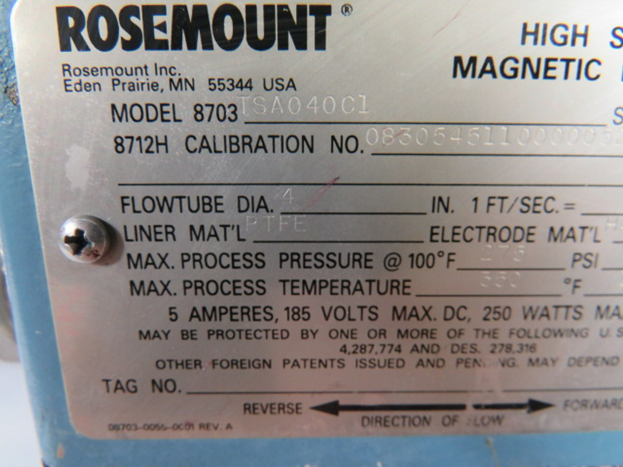 Rosemount 8703-TSA040C1 High Signal Magnetic FlowTube Size 4" 275PSI USED