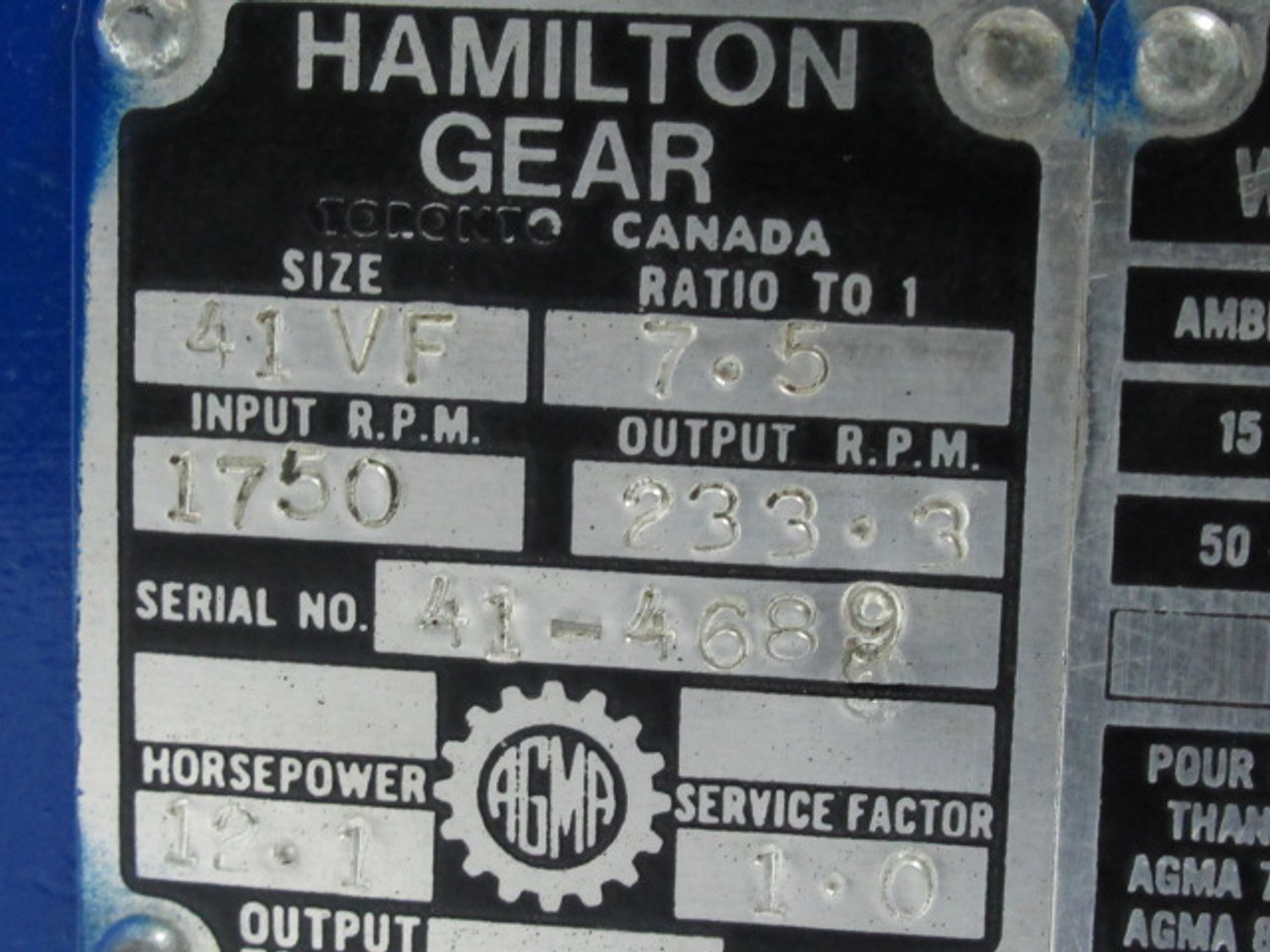 Hamilton Gear 41VF Worm Gear Reducer Ratio 7.5:1 12.1HP 1750RPM USED