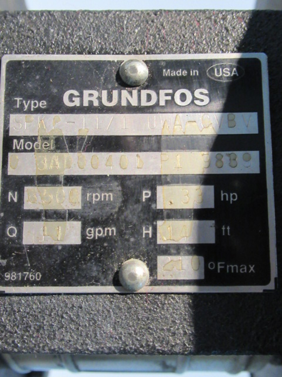 Grundfos SPK2-11/1-UWA-CVBV C/W Baldor .33HP 3450RPM 115/230V 56C USED