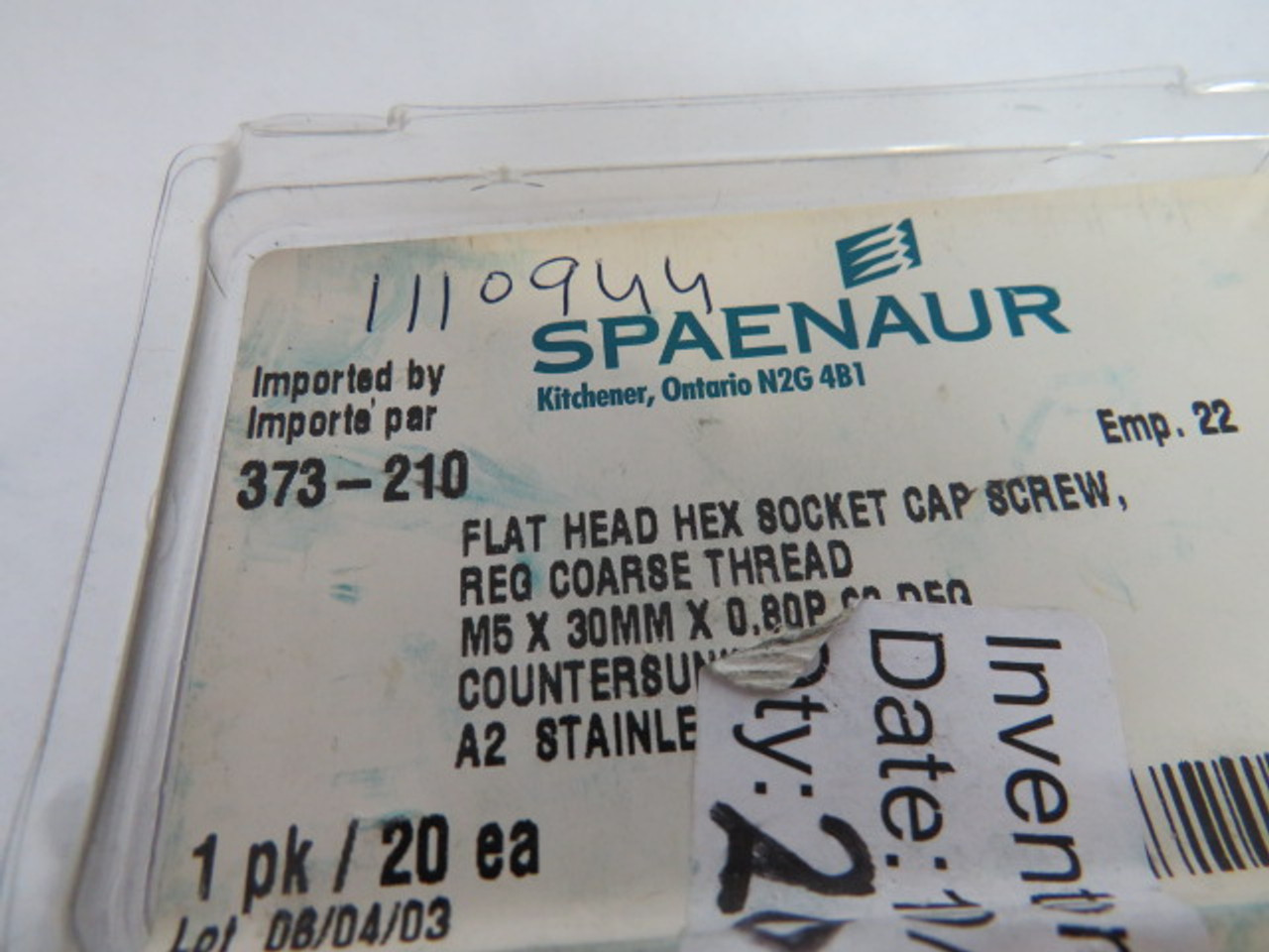 Spaenaur 373-210 SS Flat Head Hex Socket Cap Screw M5x.80Px30mm 20-Pack ! NEW !