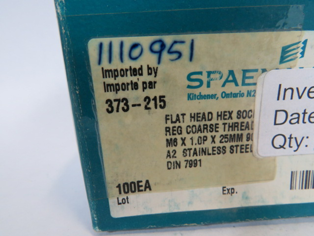 Spaenaur 373-215 SS Flat Head Hex Socket Screw M6x1.0Px25mm 100-Pack ! NEW !