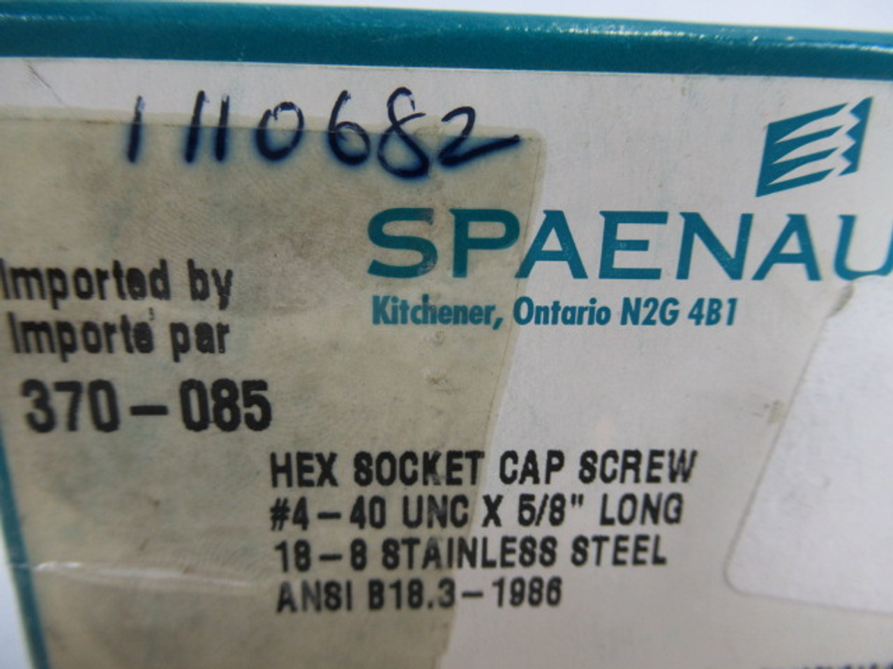 Spaenaur 370-085 SS Hex Socket Cap Screw #4-40UNCx5/8" 100-Pack ! NEW !