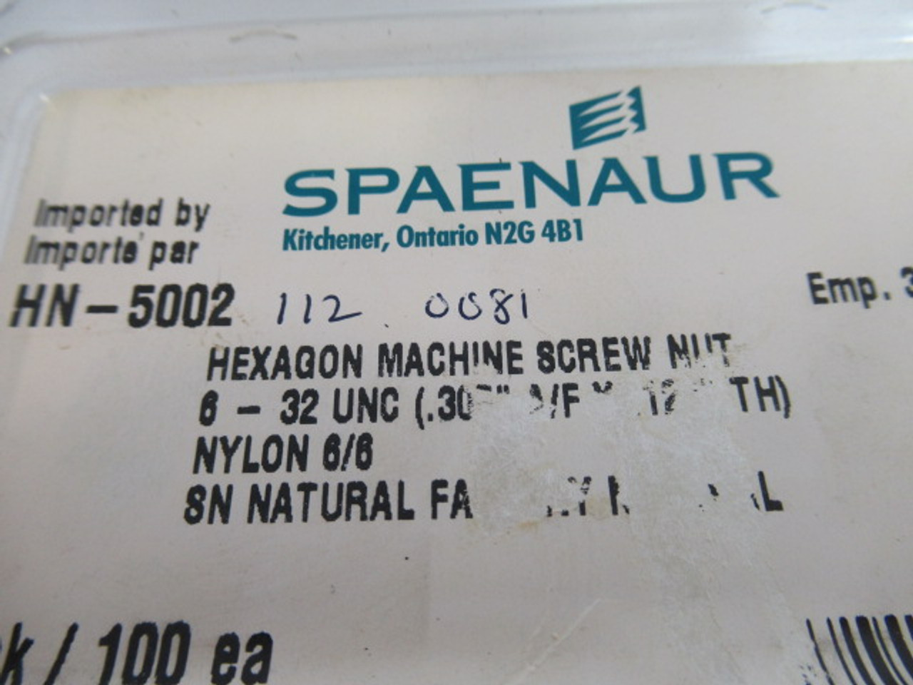 Spaenaur HN-5002 Nylon Hexagon Machine Screw Nut 100-Pack ! NEW !