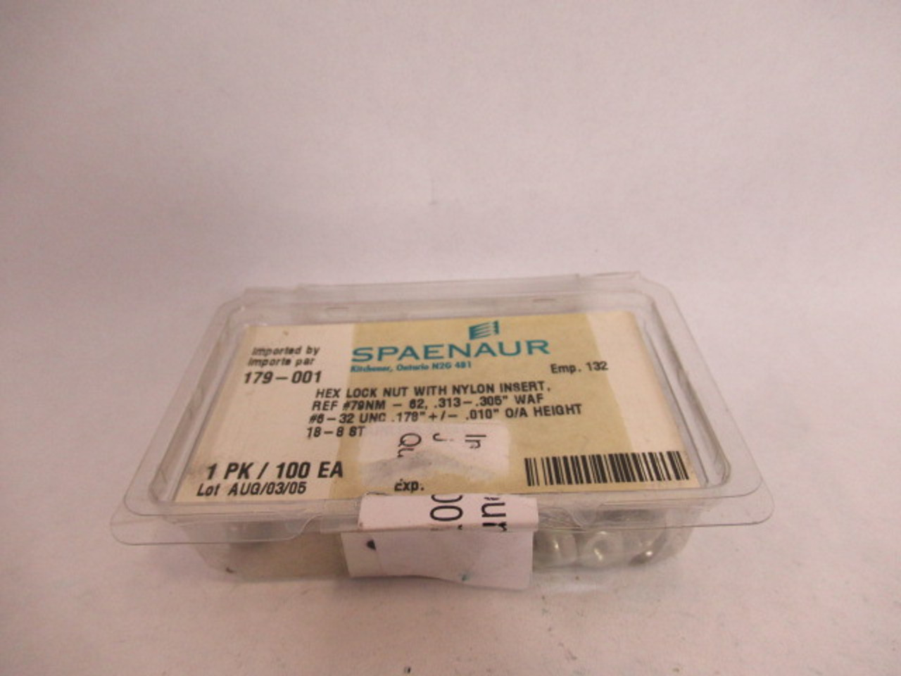 Spaenaur 179-001 Hex Lock Nut w/Nylon Insert #79NM-62 .313-.305" 100-Pk ! NEW !