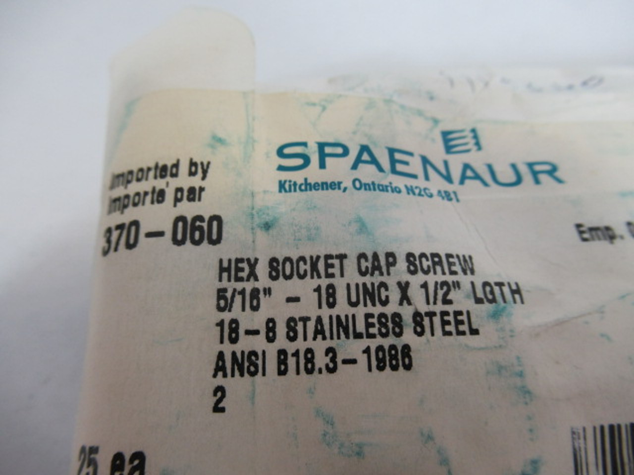 Spaenaur 370-060 SS Hex Socket Cap Screw 5/16"-18UNCX1/2" 25-Pack ! NWB !