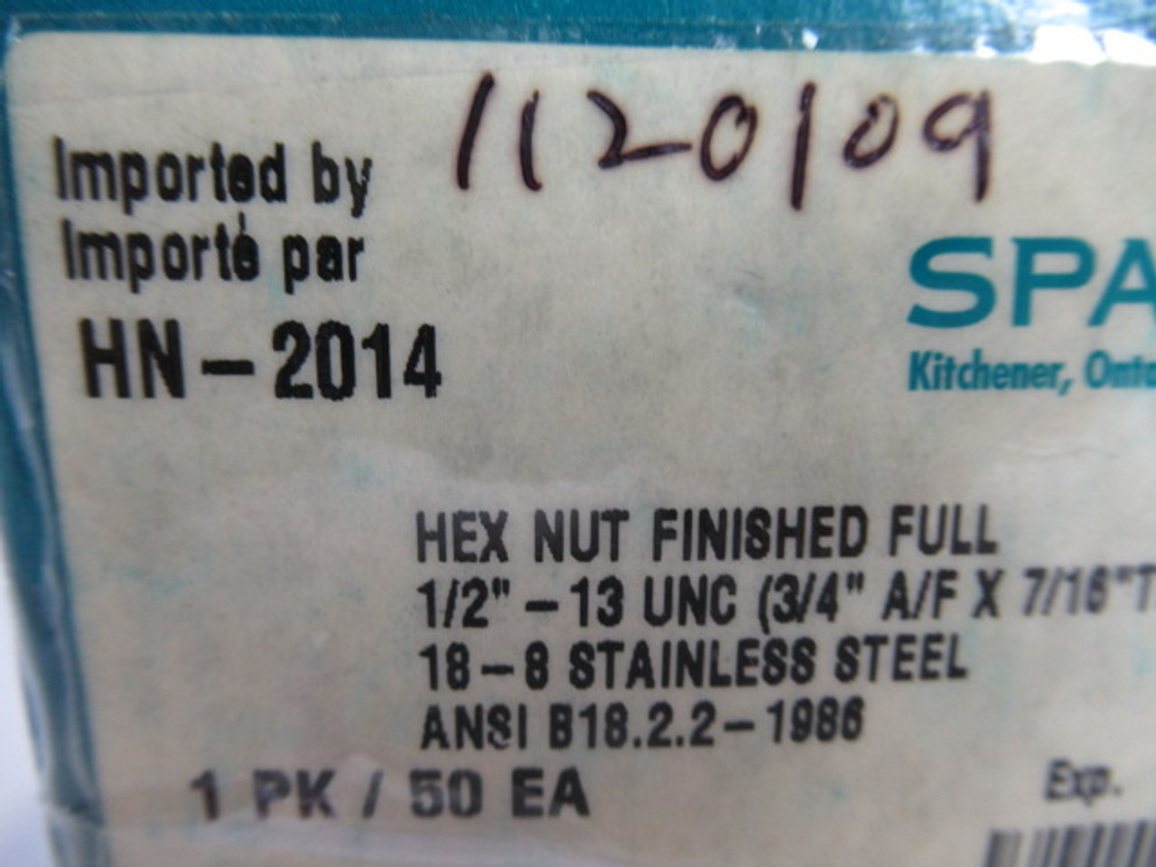 Spaenaur HN-2014 Finished Full SS Hex Nut 50-Pack ! NEW !
