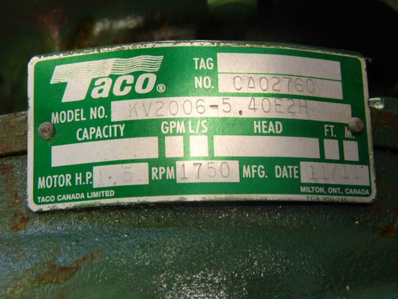 Taco KV2006-5.40E2H Vertical In-Line Pump 1.5Hp 208-230V 1750 Rpm ! NOP !