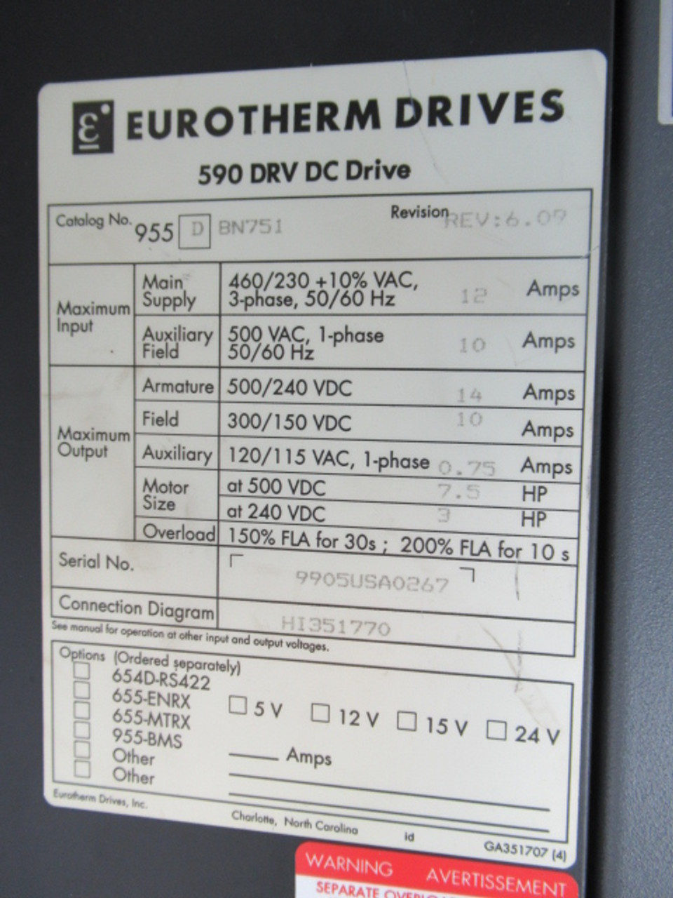 Eurotherm 955D-BN751 Rev.6.09 DC Drive In.460/230V 10%@3PH 50/60Hz 12A USED