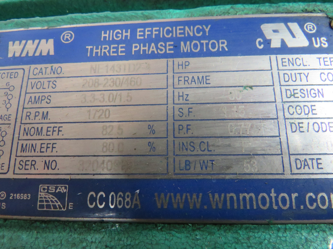 WNM 1HP 1720rpm 208-230/460V 143TD TEFC 3Ph 3.3-3.0/1.5A 60Hz USED