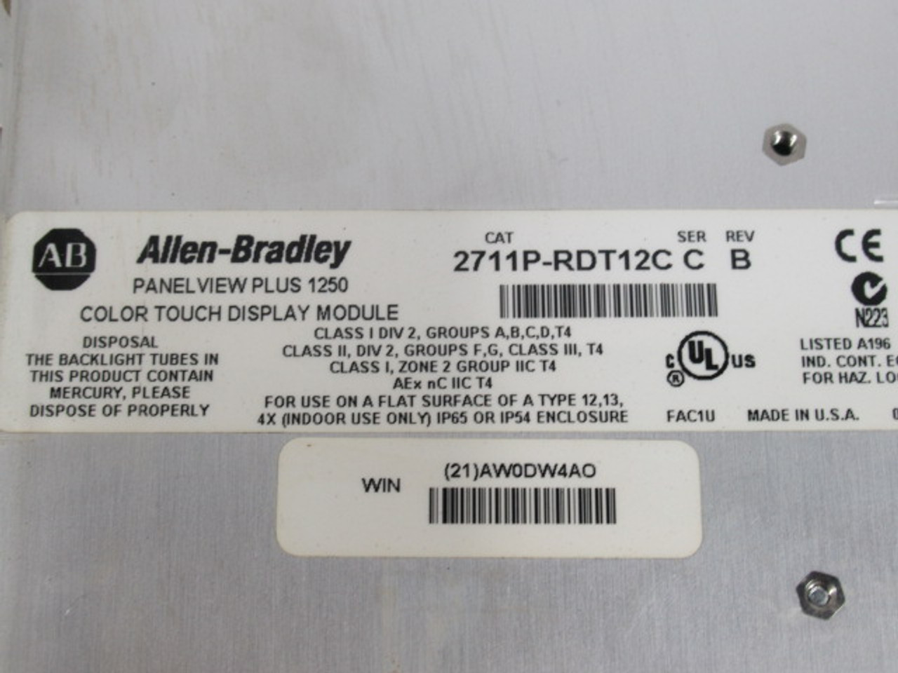 Allen-Bradley 2711P-T12C4D2 PanelView Plus 1250 Ser A Rev H 24VDC 70W USED