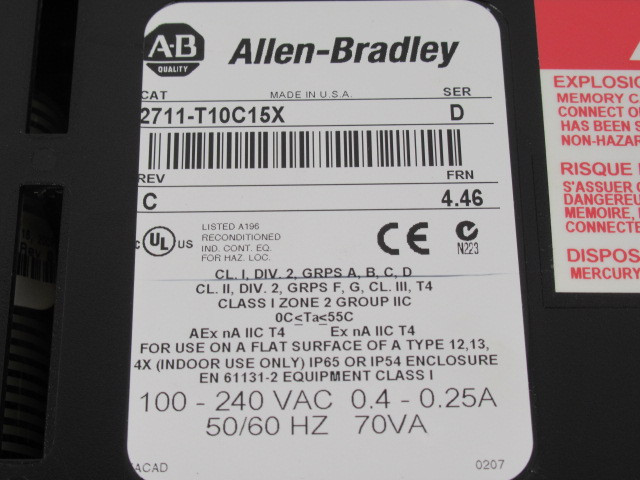 Allen-Bradley 2711-T10C15X PanelView 1000 Series D Revision C Frn 4.46 USED