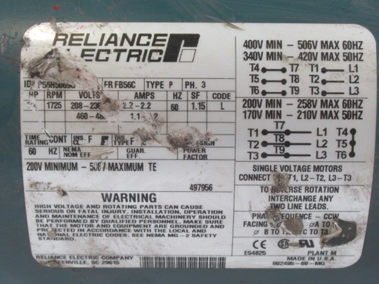 Reliance Electric 1/2HP 1725RPM 208-230V TEFC 3Ph 2.2A 60Hz USED