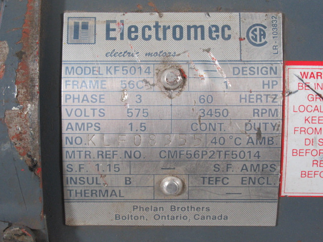 Electromec 1HP 3450RPM 575V 56C TEFC 3PH 1.5A 60HZ USED