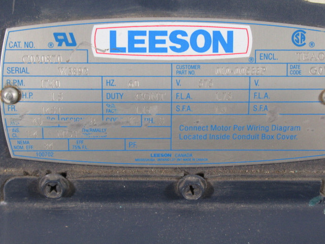 Leeson 1.5HP 1740RPM 575V 145T TEAO 3PH 1.75A 60Hz USED