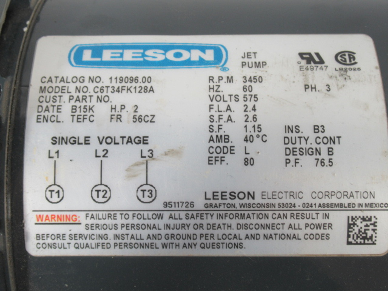 Leeson 2HP 3450RPM 575V 56CZ TEFC 3PH 2.4A 60Hz USED