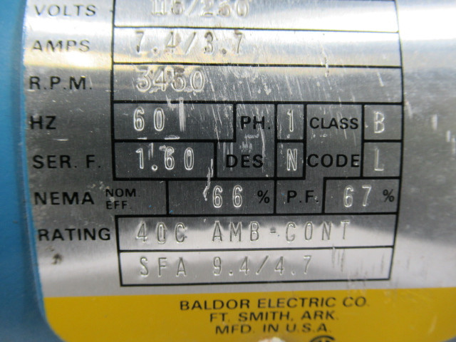 Baldor .5HP 3450RPM 115/230V 56J DP 1PH 7.4/3.7A 60Hz USED