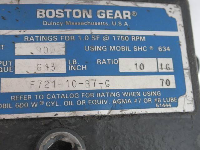 Boston Gear F721-10-B7-G Gear Reducer 10:1 Ratio .613LB/IN Out@1750RPM USED