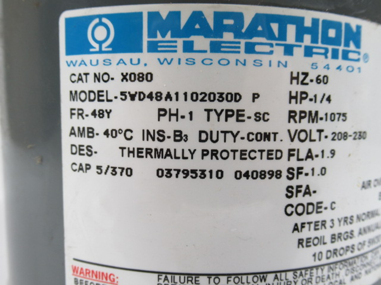 Marathon Electric 1/4HP 1075RPM 208-230V 48Y OPEN 1PH 1.9A 60Hz USED
