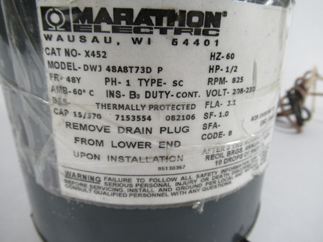 Marathon Electric 1/2HP 825RPM 208-230V 48Y TEAO 1PH 3.1/1.0A 60Hz USED