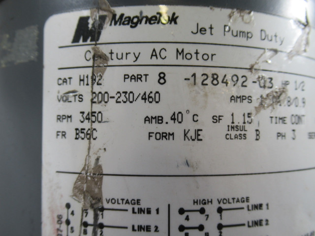 MagneTek 1/2HP 3450RPM 200-230/460V B56C TE 3PH 1.9-1.8/0.9A 60Hz USED
