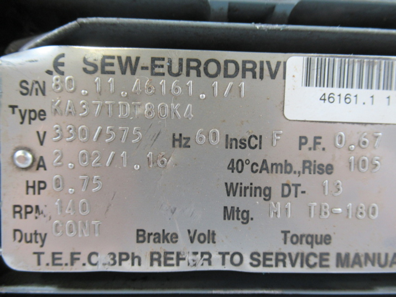 Sew-Eurodrive 0.75HP 140RPM 330/575V TEFC 3Ph 2.02/1.16A 60Hz USED