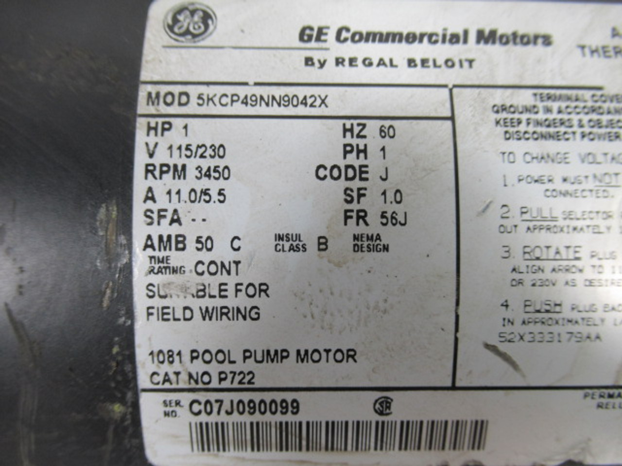 General Electric 1HP 3450RPM 115/230V 56J 1PH 11.0/5.5A 60Hz USED