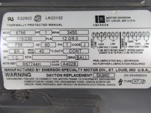 Emerson 1HP 3450RPM 115/230V F56 TEFC 1PH 12.0/6.0A 60Hz USED