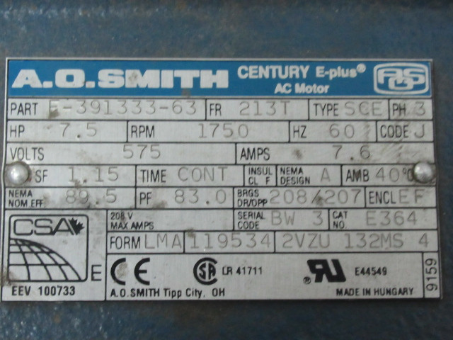AO Smith 7.5HP 1750RPM 575V 213T TEFC 3PH 7.6A 60Hz USED