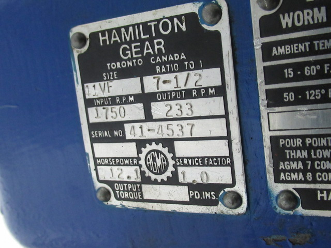Hamilton Gear 41VF Worm Gear Reducer 7.5:1 Ratio 12.1HP 1750RPM USED