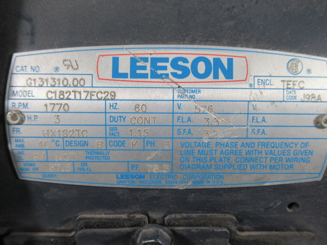 Leeson 3HP 1770RPM 575V HX182TC TEFC 3PH 3.3/3.7A 60Hz USED