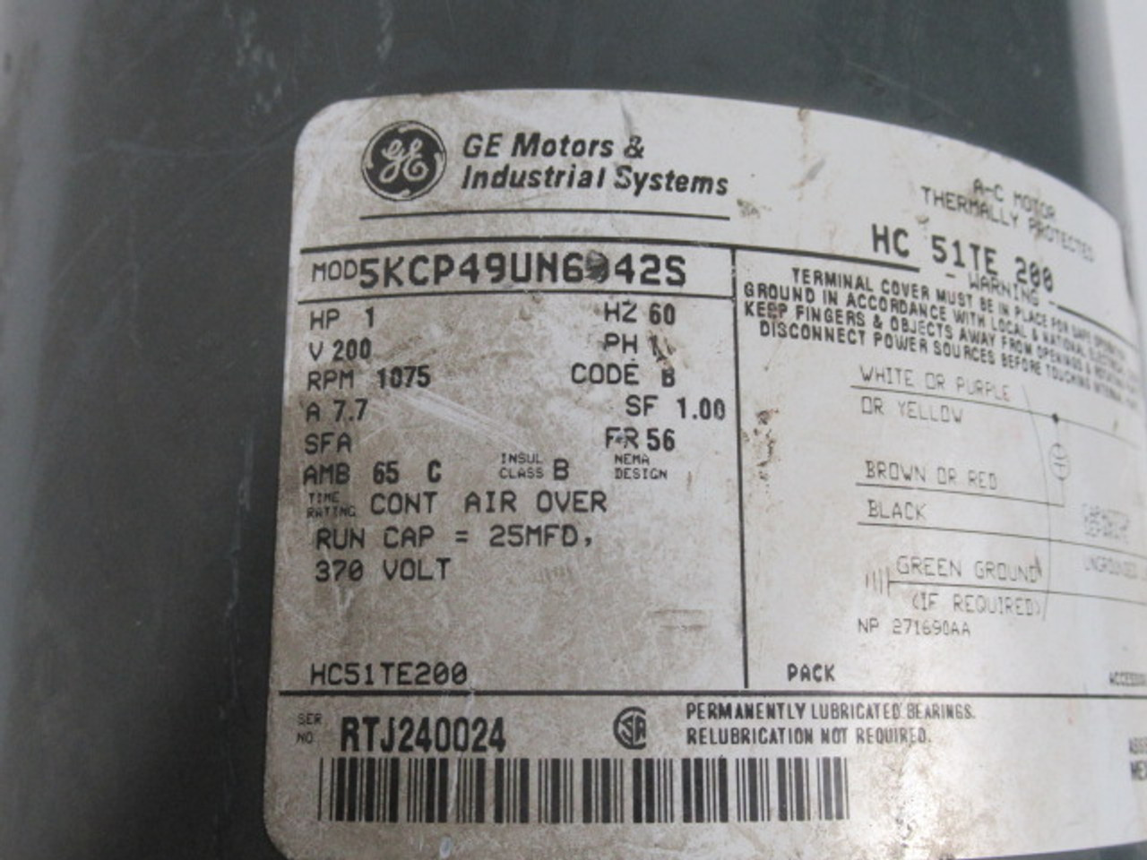 General Electric 1HP 1075RPM 200V 56 1PH 7.7A 60Hz USED