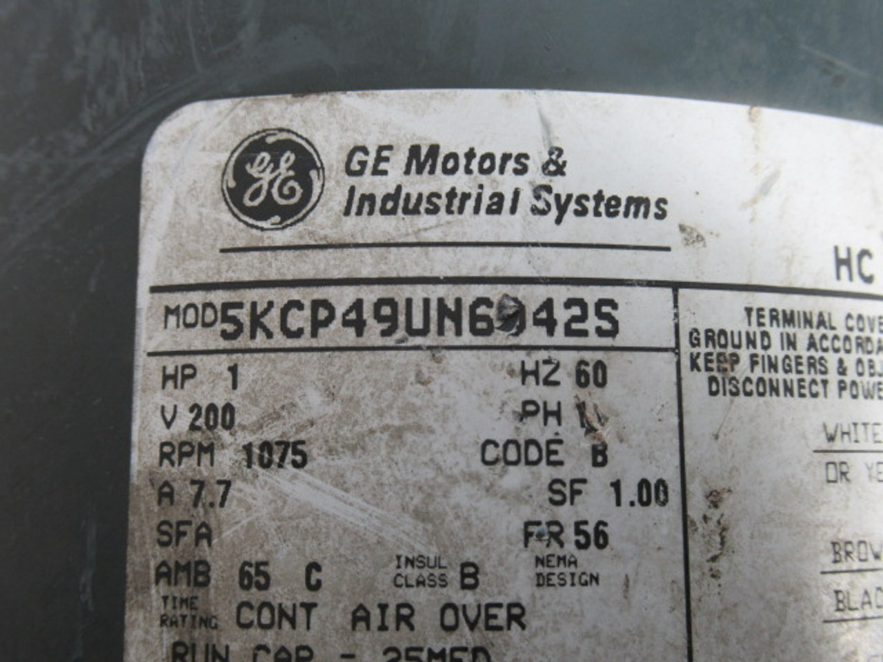 General Electric 1HP 1075RPM 200V 56 1PH 7.7A 60Hz USED