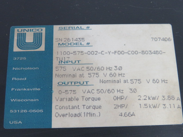 Unico AC Drive Input 575V 50/60Hz Output 0-575V 60Hz 0HP/2.2kW/3.88A USED