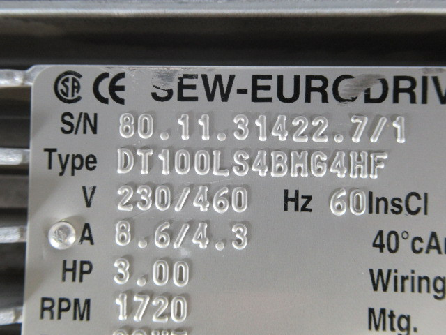 Sew-Eurodrive 3HP 1720RPM 230/460V TEFC 3PH 8.6/4.3A 60Hz C/W Brake USED