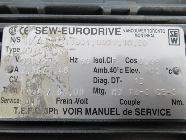 Sew-Eurodrive 1HP 1720RPM 330/575V TEFC 3PH 2.58/1.48A 60Hz USED