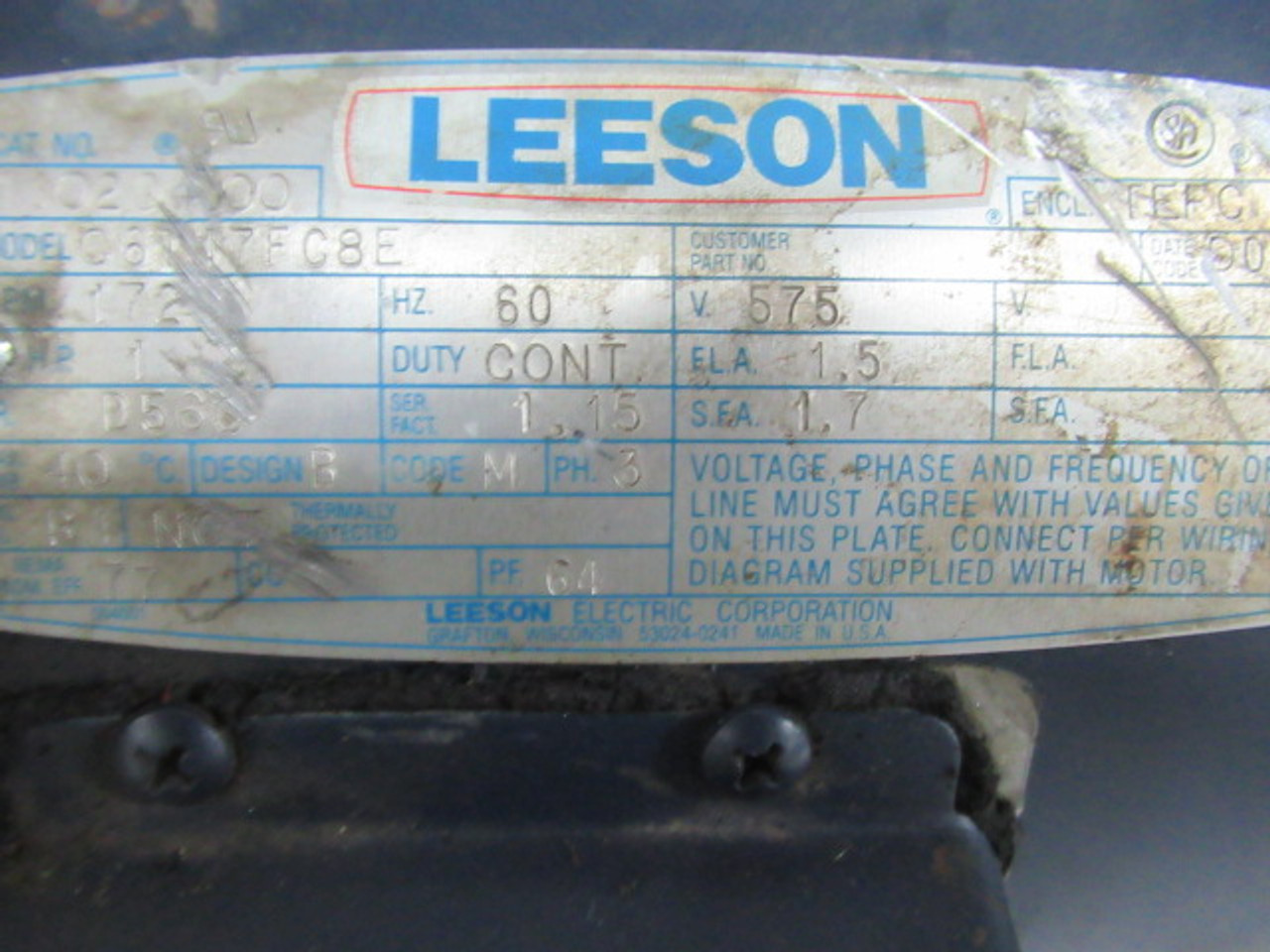 Leeson 1HP 1725RPM 575V D56C TEFC 3PH C/W Gear Reducer 30:1 Ratio USED