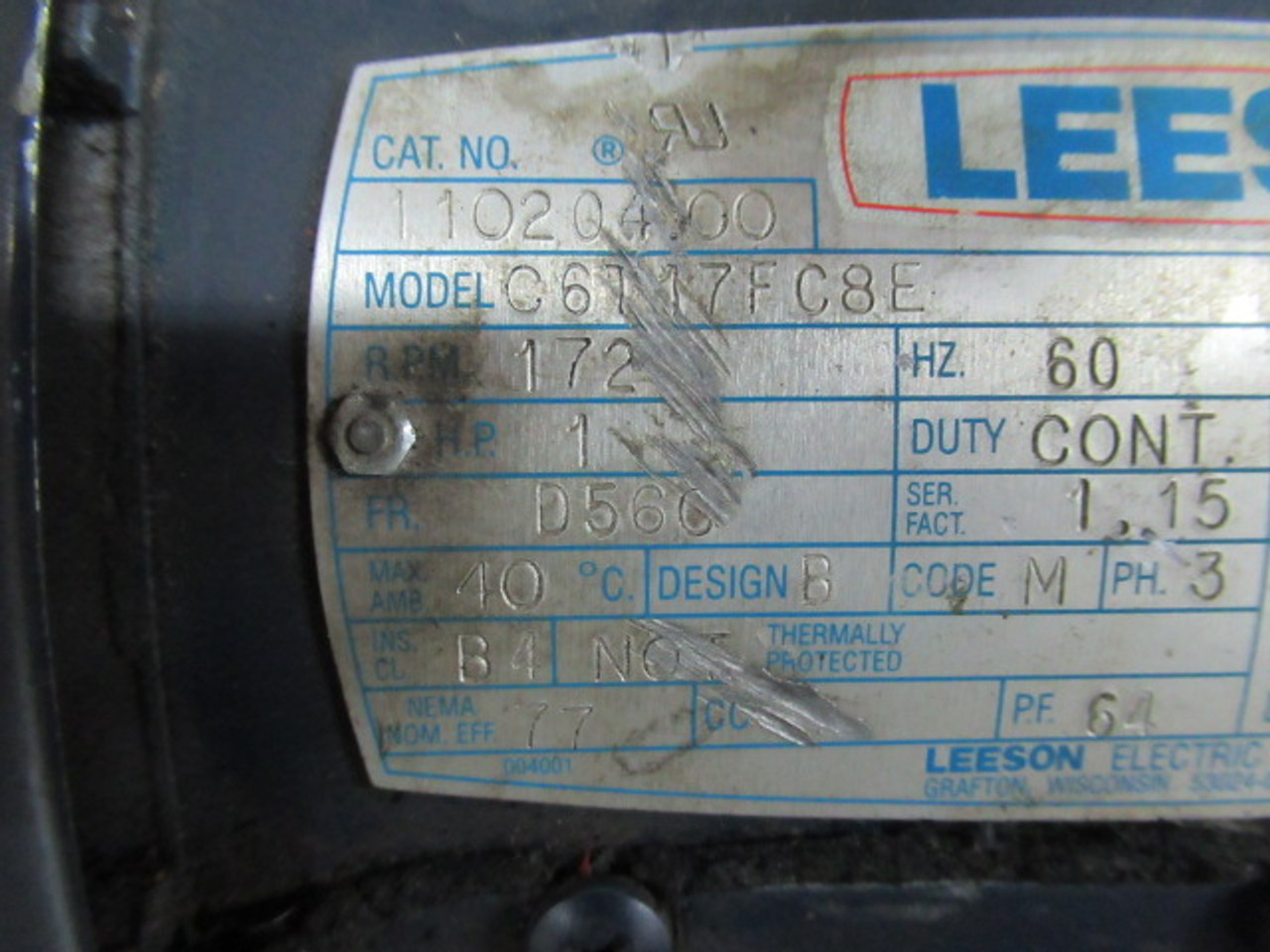 Leeson 1HP 1725RPM 575V D56C TEFC 3PH C/W Gear Reducer 30:1 Ratio USED